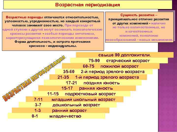 Возрастная периодизация Сущность развития – Возрастные периоды отличаются относительностью, принципиальное отличие развития условностью, усредненностью,