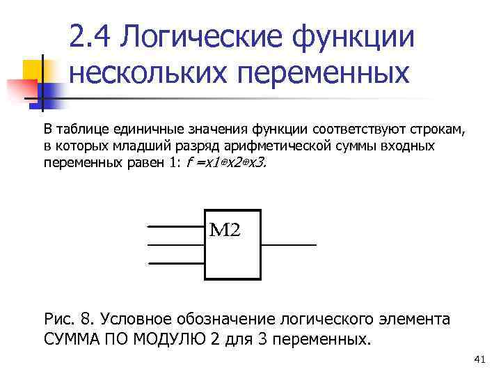 2. 4 Логические функции нескольких переменных В таблице единичные значения функции соответствуют строкам, в