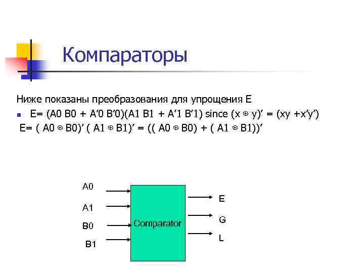 Компараторы Ниже показаны преобразования для упрощения Е n Е= (A 0 B 0 +