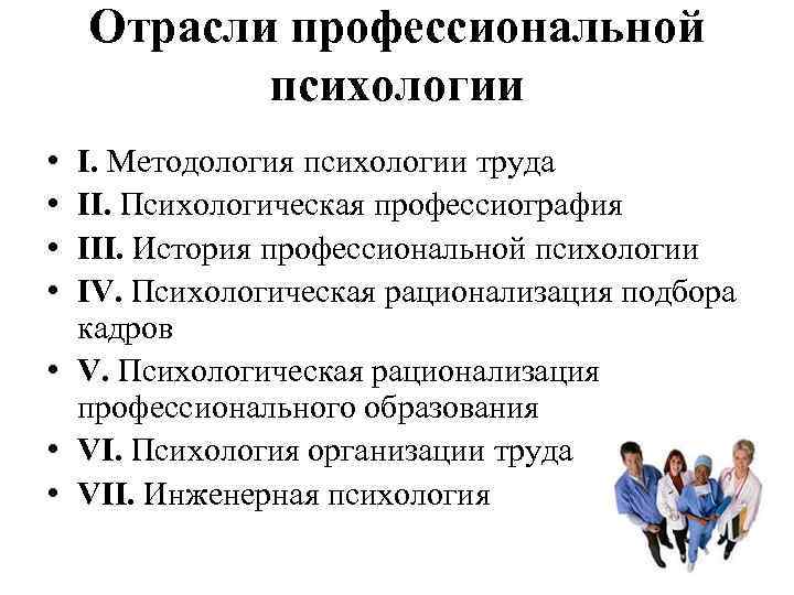 Отрасли профессиональной психологии • • I. Методология психологии труда II. Психологическая профессиография III. История