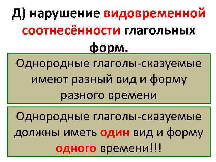 Д) нарушение видовременной соотнесённости глагольных форм. Однородные глаголы сказуемые имеют разный вид и форму