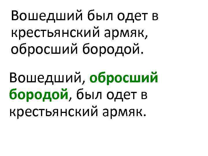 Вошедший был одет в крестьянский армяк, обросший бородой. Вошедший, обросший бородой, был одет в