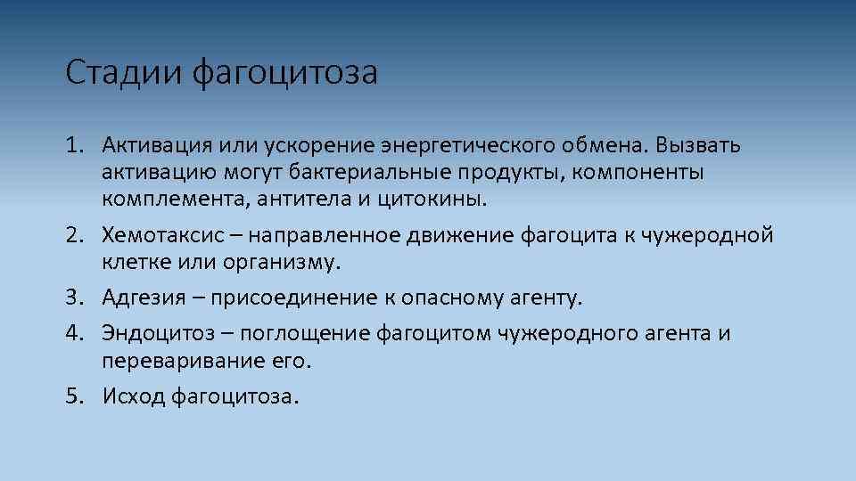 Стадии фагоцитоза 1. Активация или ускорение энергетического обмена. Вызвать активацию могут бактериальные продукты, компоненты