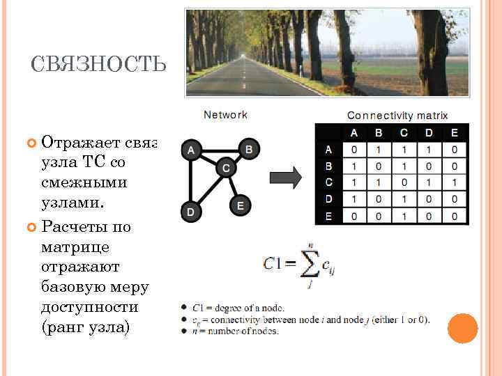 СВЯЗНОСТЬ Отражает связь узла ТС со смежными узлами. Расчеты по матрице отражают базовую меру