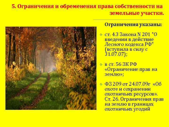 5. Ограничения и обременения права собственности на земельные участки. Ограничения указаны: v ст. 4.