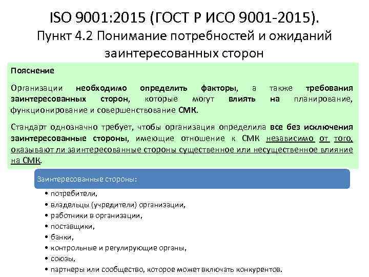 ISO 9001: 2015 (ГОСТ Р ИСО 9001 -2015). Пункт 4. 2 Понимание потребностей и