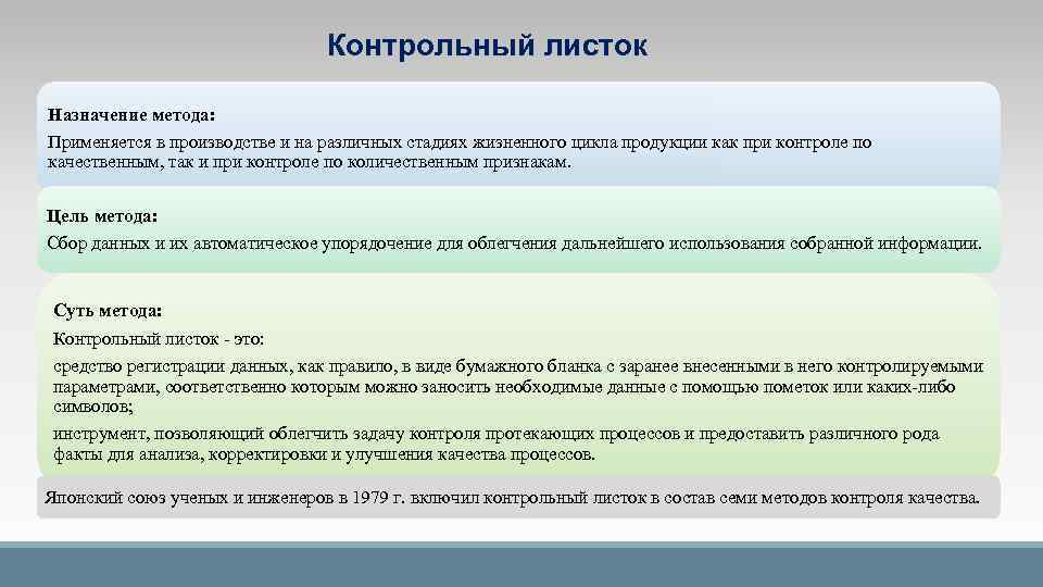 Предназначенный цель. Назначение метода. Метод контрольных листов. Назначение контрольного листка. Контрольные вопросы: 1.Назначение контрольного листка.