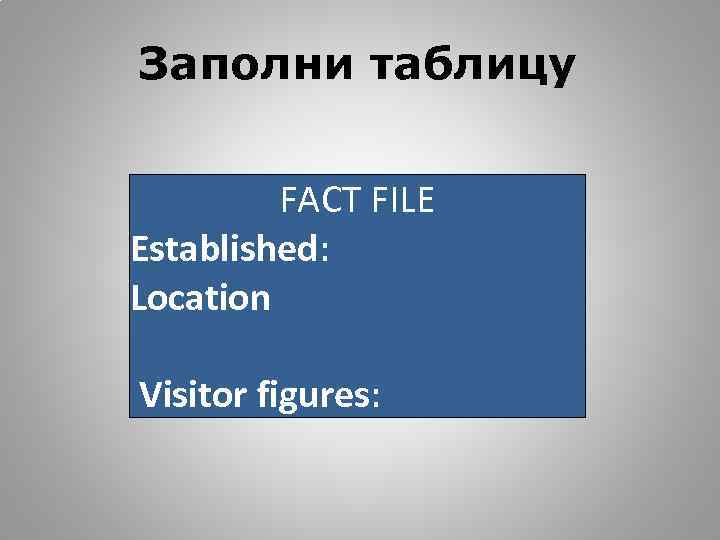 Заполни таблицу FACT FILE Established: Location Visitor figures: 