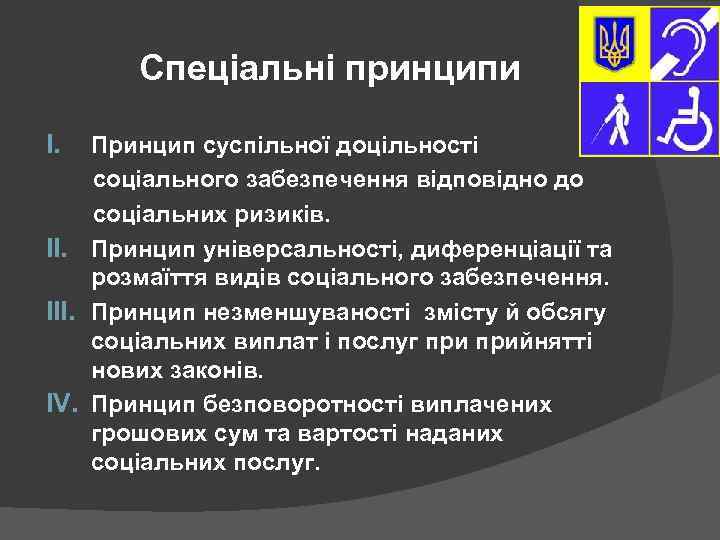 Спеціальні принципи I. Принцип суспільної доцільності соціального забезпечення відповідно до соціальних ризиків. II. Принцип