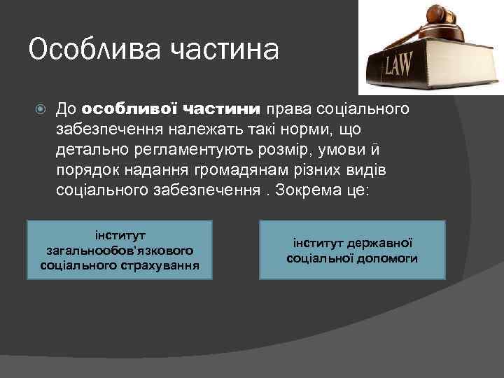 Особлива частина До особливої частини права соціального забезпечення належать такі норми, що детально регламентують