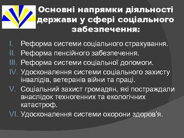 Основні напрямки діяльності держави у сфері соціального забезпечення: I. III. IV. Реформа системи соціального