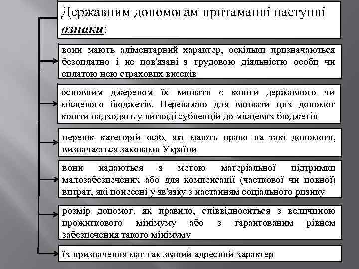 Державним допомогам притаманні наступні ознаки: вони мають аліментарний характер, оскільки призначаються безоплатно і не