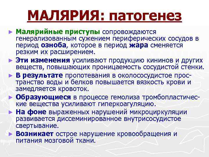 МАЛЯРИЯ: патогенез ► ► ► Малярийные приступы сопровождаются генерализованным сужением периферических сосудов в период
