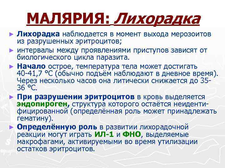 МАЛЯРИЯ: Лихорадка наблюдается в момент выхода мерозоитов из разрушенных эритроцитов; ► интервалы между проявлениями