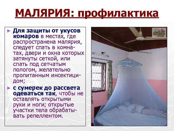 МАЛЯРИЯ: профилактика Для защиты от укусов комаров в местах, где распространена малярия, следует спать
