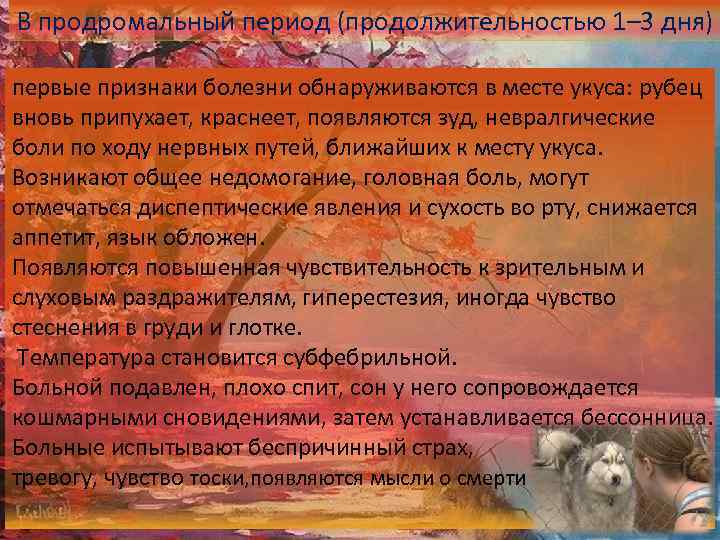 В продромальный период (продолжительностью 1– 3 дня) первые признаки болезни обнаруживаются в месте укуса: