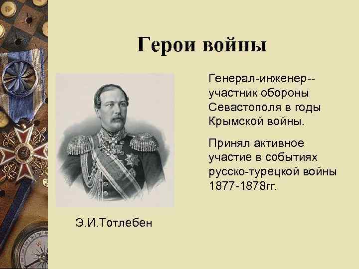 Герои войны Генерал-инженер-участник обороны Севастополя в годы Крымской войны. Принял активное участие в событиях