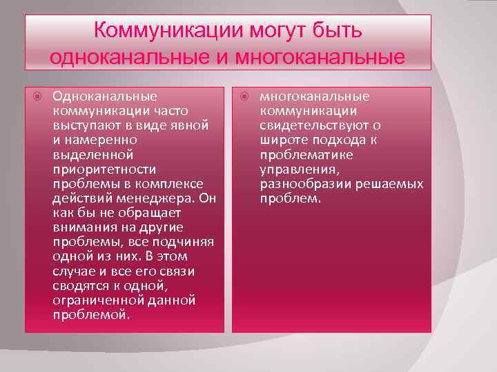 Коммуникации могут быть одноканальные и многоканальные Одноканальные коммуникации часто выступают в виде явной и