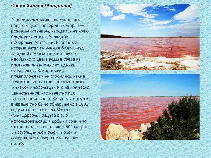 Озеро Хиллер (Автралия) Еще одно потрясающее озеро, чья вода обладает невероятным ярко — розовым