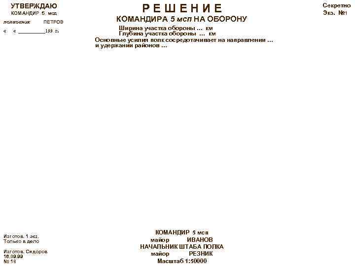 УТВЕРЖДАЮ КОМАНДИР 5 мсд полковник « ПЕТРОВ « ______199 г. Изготов. 1 экз. Только