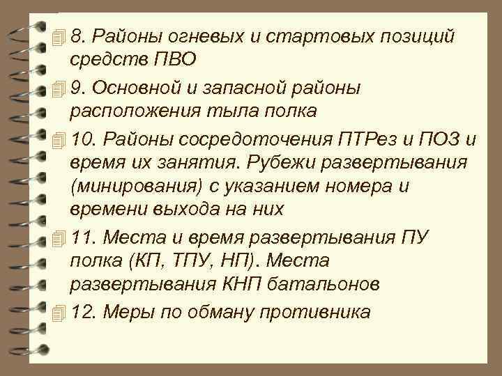 4 8. Районы огневых и стартовых позиций средств ПВО 4 9. Основной и запасной