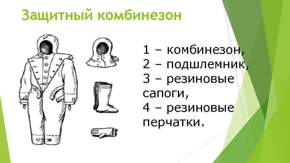 Защитный комбинезон 1 – комбинезон, 2 – подшлемник, 3 – резиновые сапоги, 4 –