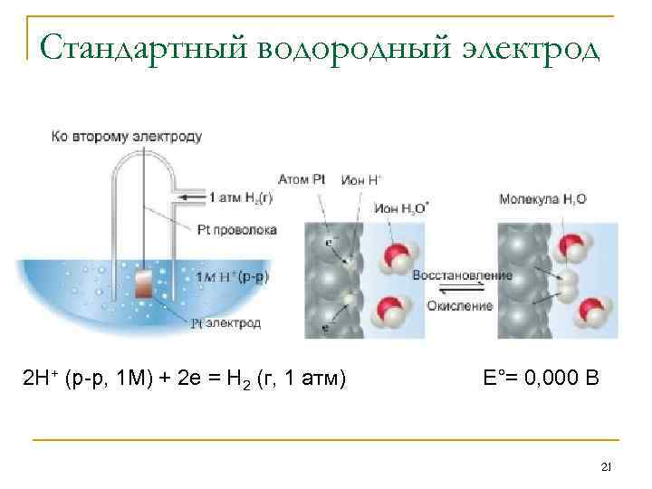 Стандартный водородный электрод 2 H+ (р-р, 1 M) + 2 e = H 2