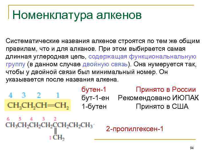 Номенклатура алкенов Систематические названия алкенов строятся по тем же общим правилам, что и для