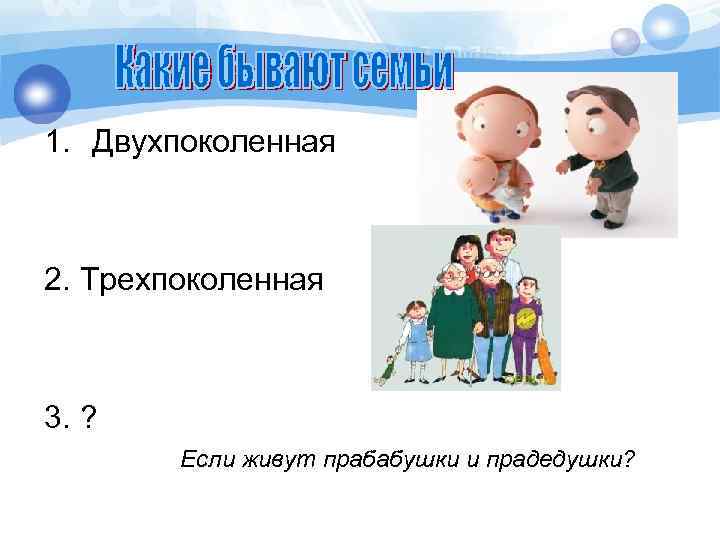 1. Двухпоколенная 2. Трехпоколенная 3. ? Если живут прабабушки и прадедушки? 