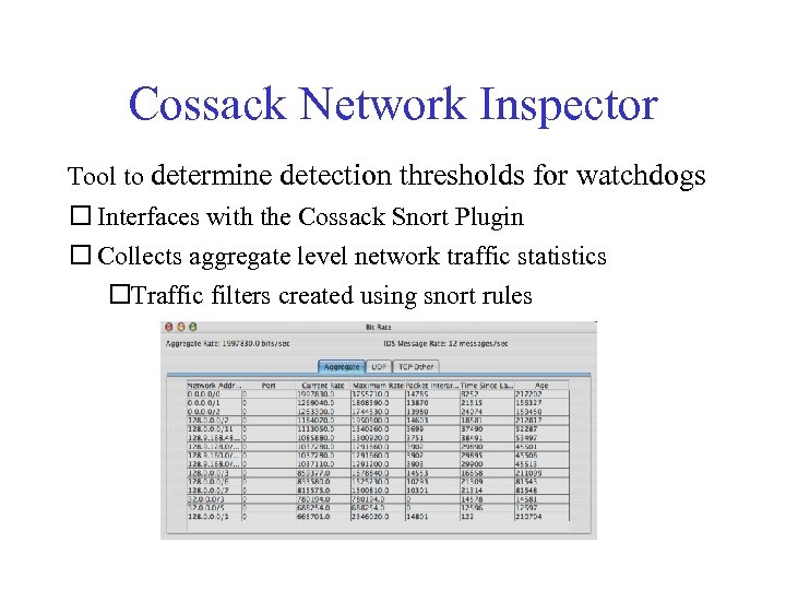 Cossack Network Inspector Tool to determine detection thresholds for watchdogs Interfaces with the Cossack