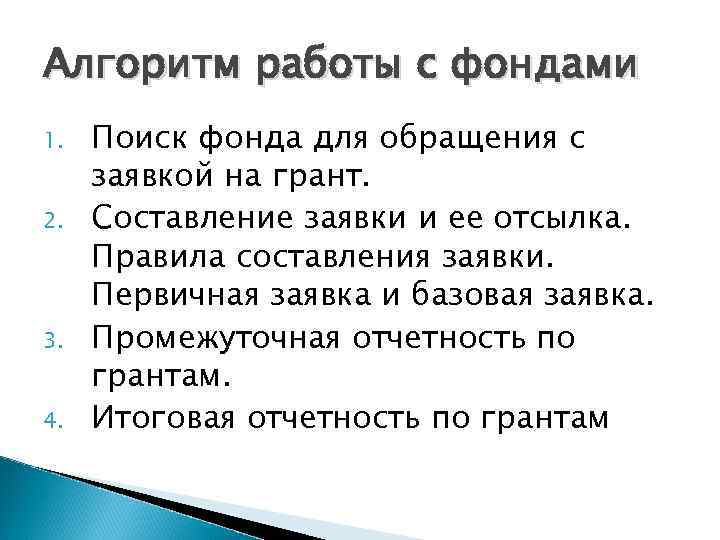 Алгоритм работы с фондами 1. 2. 3. 4. Поиск фонда для обращения с заявкой