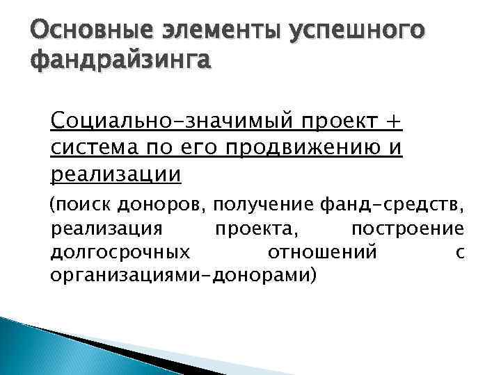 Основные элементы успешного фандрайзинга Социально-значимый проект + система по его продвижению и реализации (поиск