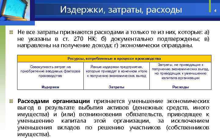 Издержки, затраты, расходы Не все затраты признаются расходами а только те из них, которые: