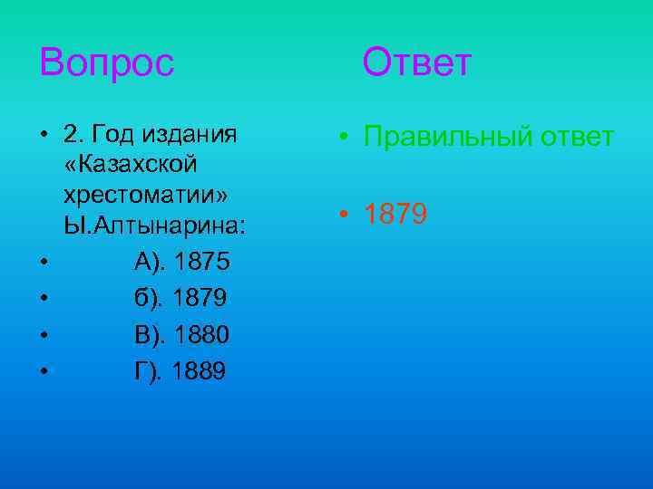 Вопрос • 2. Год издания «Казахской хрестоматии» Ы. Алтынарина: • А). 1875 • б).