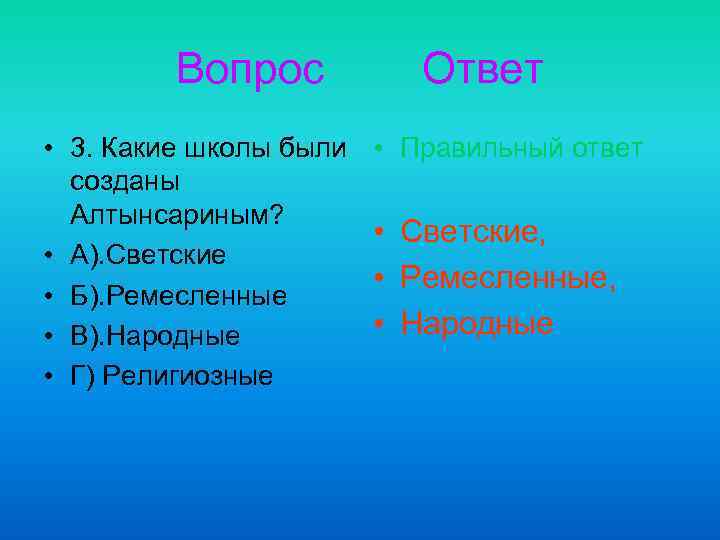 Вопрос • 3. Какие школы были созданы Алтынсариным? • А). Светские • Б). Ремесленные