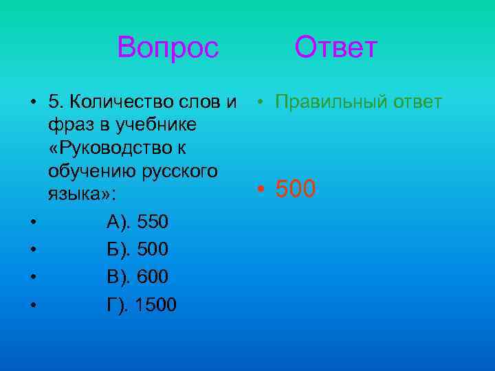 Вопрос • 5. Количество слов и фраз в учебнике «Руководство к обучению русского языка»