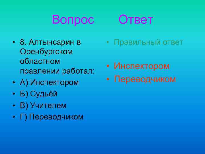 Вопрос • 8. Алтынсарин в Оренбургском областном правлении работал: • А) Инспектором • Б)