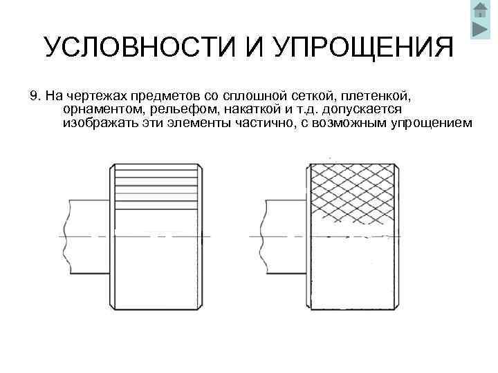 УСЛОВНОСТИ И УПРОЩЕНИЯ 9. На чертежах предметов со сплошной сеткой, плетенкой, орнаментом, рельефом, накаткой