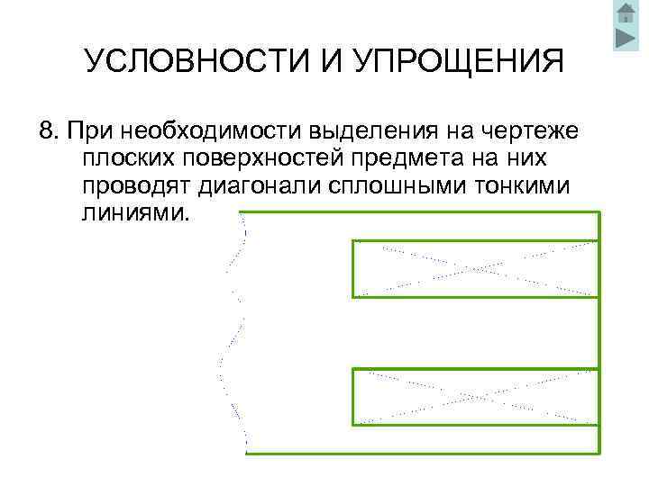 Что такое условность. Диагональные линии на чертеже. Тонкие диагональные линии на чертеже. Сплошными тонкими линиями-диагоналями на чертеже. Как выделяются плоские поверхности на чертеже?.