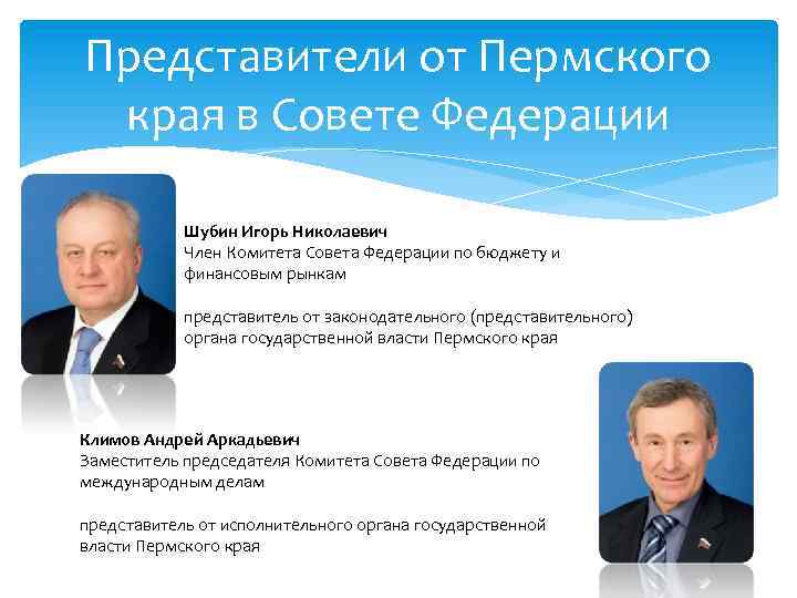 Представители от Пермского края в Совете Федерации Шубин Игорь Николаевич Член Комитета Совета Федерации
