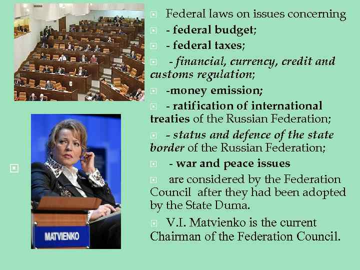 Federal laws on issues concerning - federal budget; - federal taxes; - financial, currency,