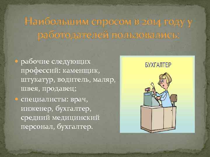 Наибольшим спросом в 2014 году у работодателей пользовались: рабочие следующих профессий: каменщик, штукатур, водитель,