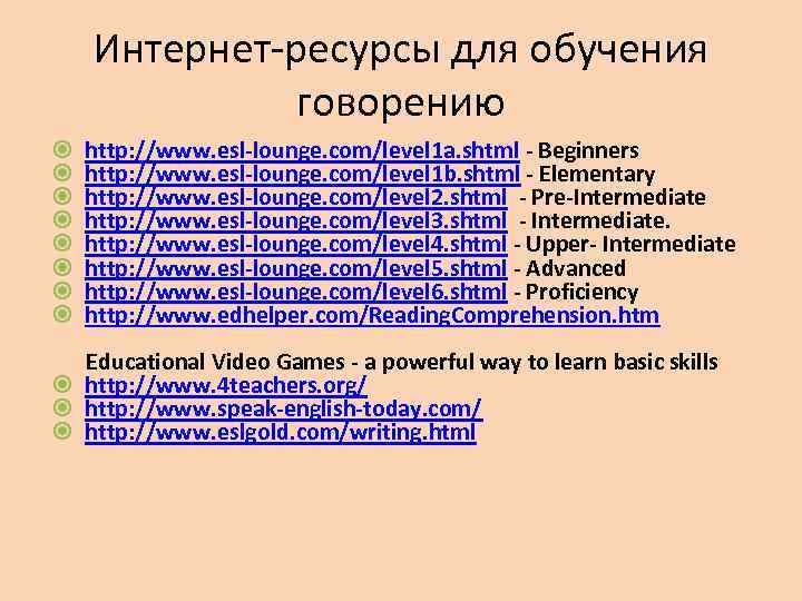 Интернет-ресурсы для обучения говорению http: //www. esl-lounge. com/level 1 a. shtml - Beginners http: