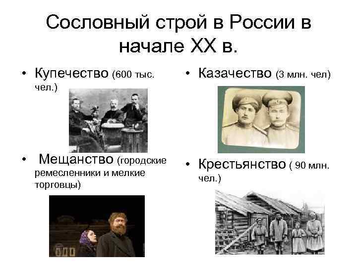 Сословный строй в России в начале ХХ в. • Купечество (600 тыс. • Казачество