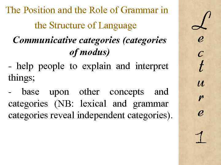 The Position and the Role of Grammar in the Structure of Language Communicative categories