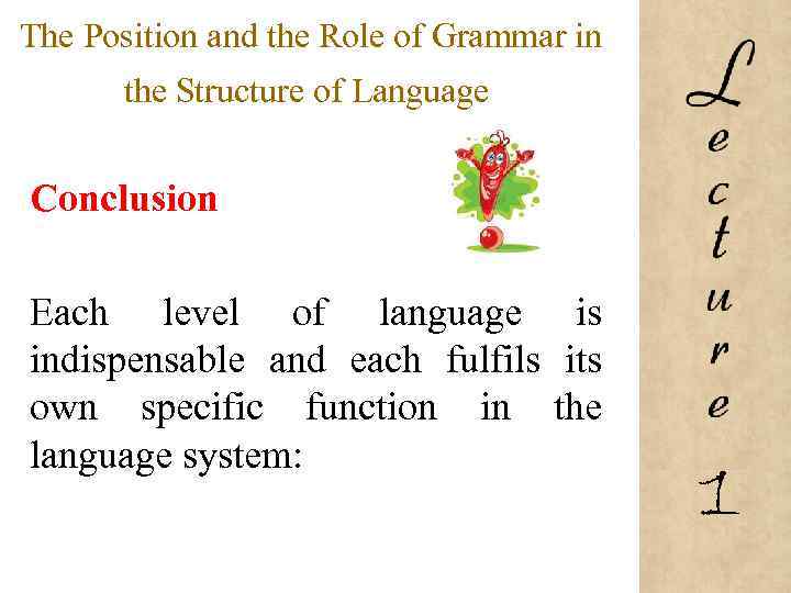 The Position and the Role of Grammar in the Structure of Language Conclusion Each