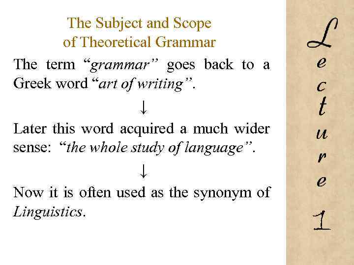 The Subject and Scope of Theoretical Grammar The term “grammar” goes back to a