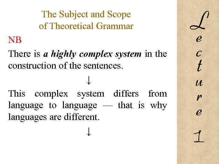 The Subject and Scope of Theoretical Grammar NB There is a highly complex system