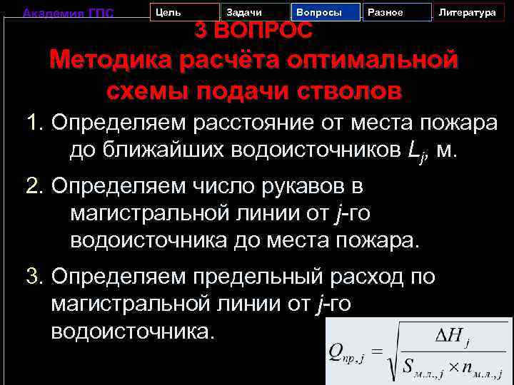 Академия ГПС Цель Задачи Вопросы 3 ВОПРОС Разное Литература Методика расчёта оптимальной схемы подачи