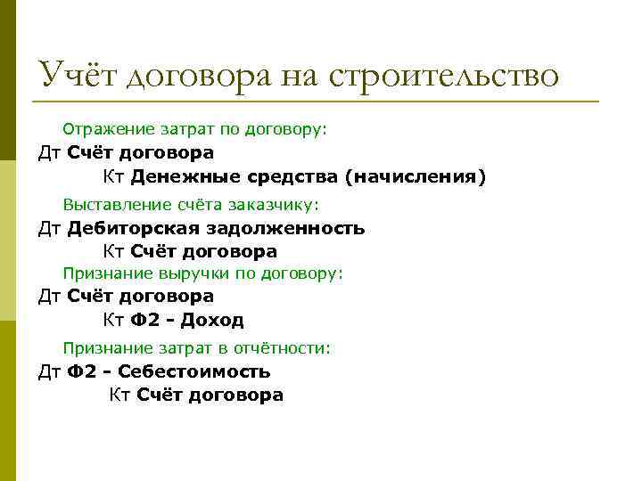 Учёт договора на строительство Отражение затрат по договору: Дт Счёт договора Кт Денежные средства